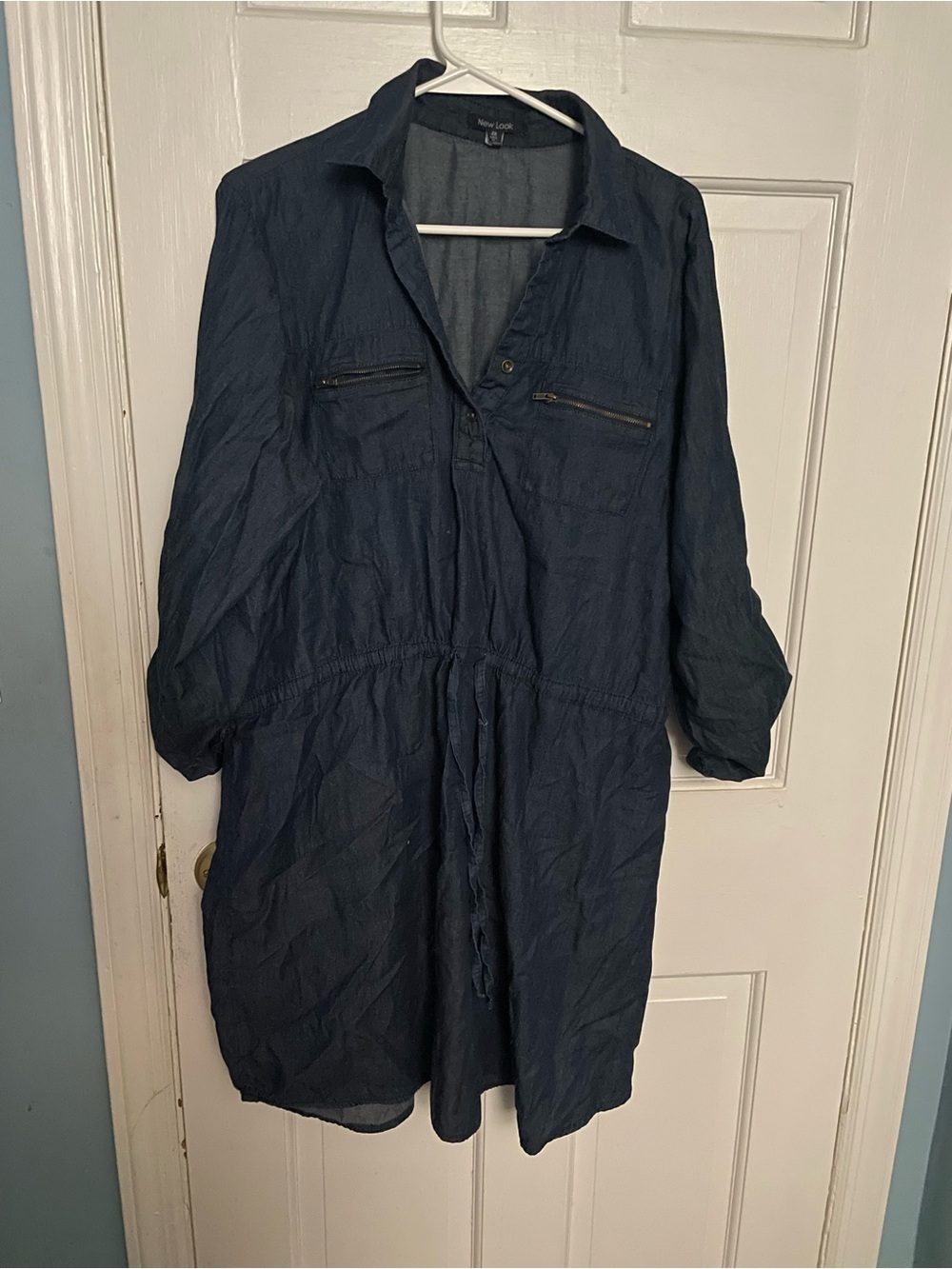 New Look Dark Navy Long-Sleeve Drawstring Shirt Dress